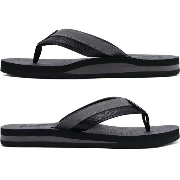 👑Men's Flip Flop Sandal Black Grey Leather Slip On Arch Support Comfortable